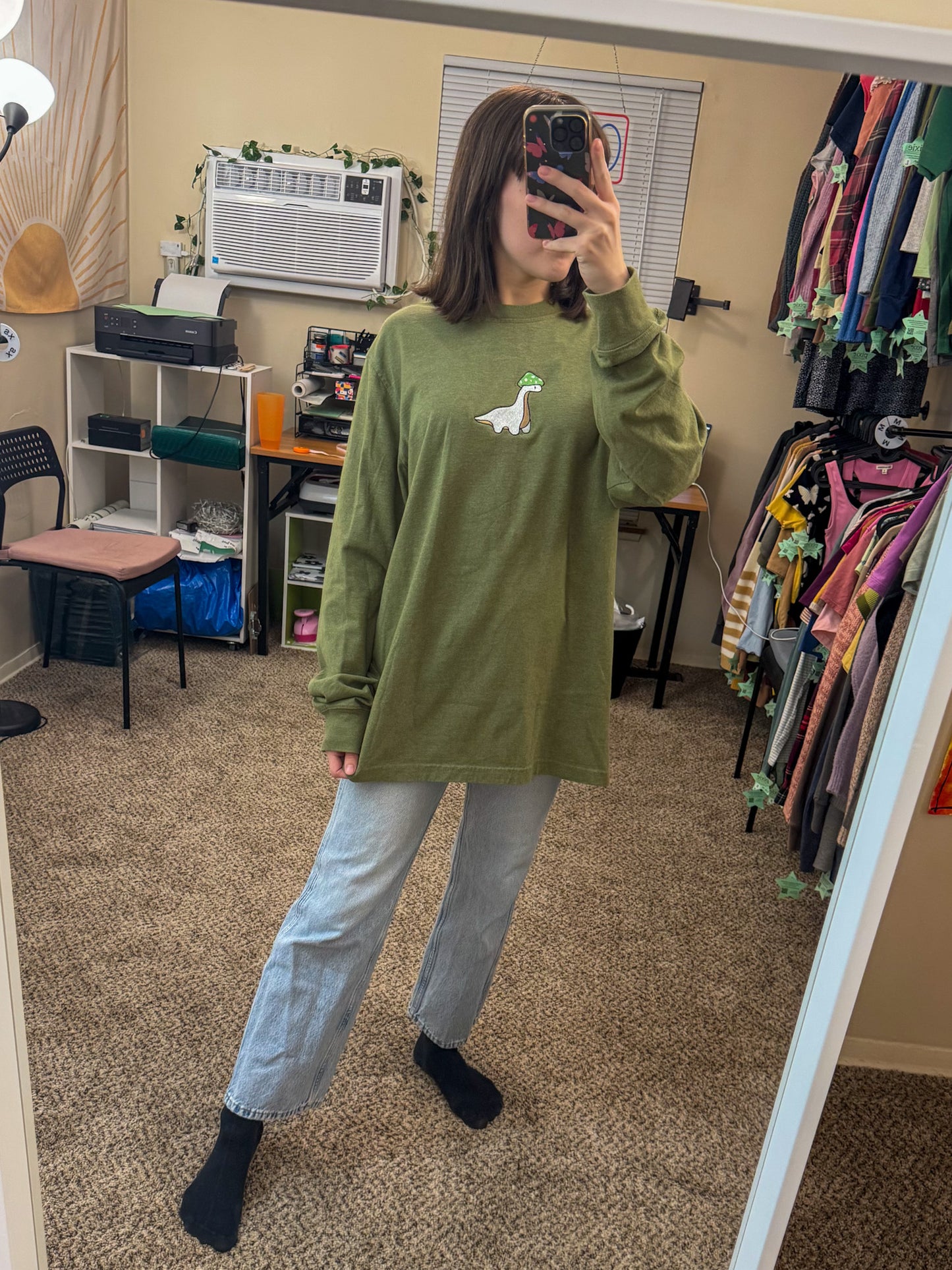 Green Mushroom Dino Long Sleeve L