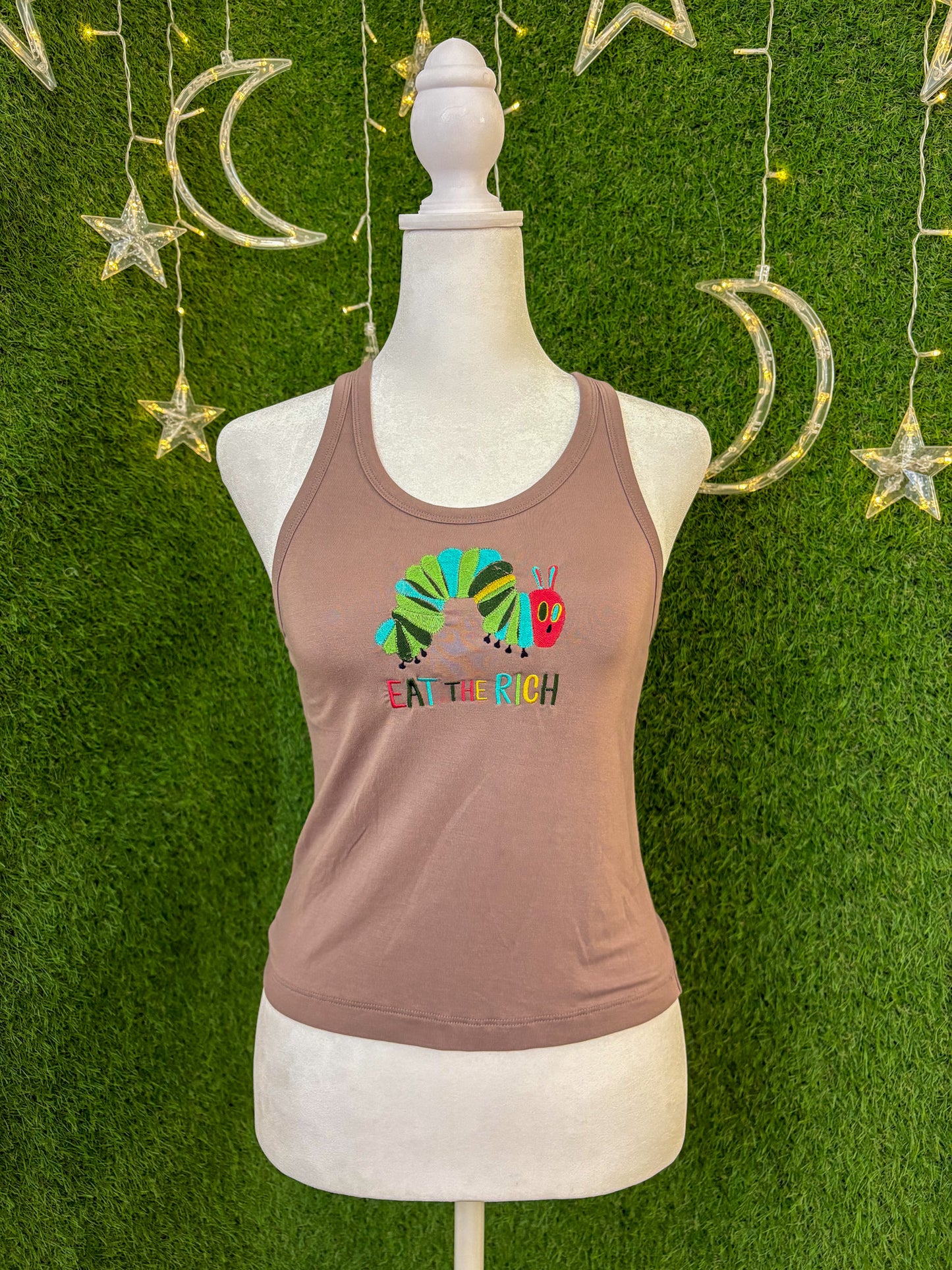 Eat the Rich Caterpillar Brown Tank Top M