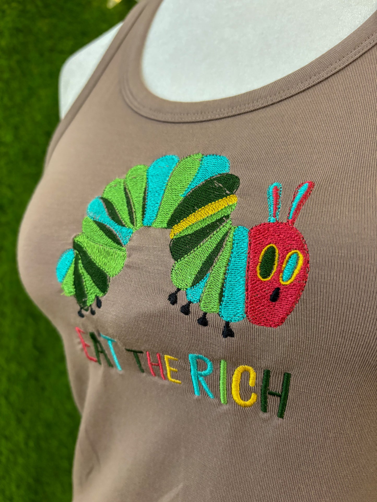 Eat the Rich Caterpillar Brown Tank Top M