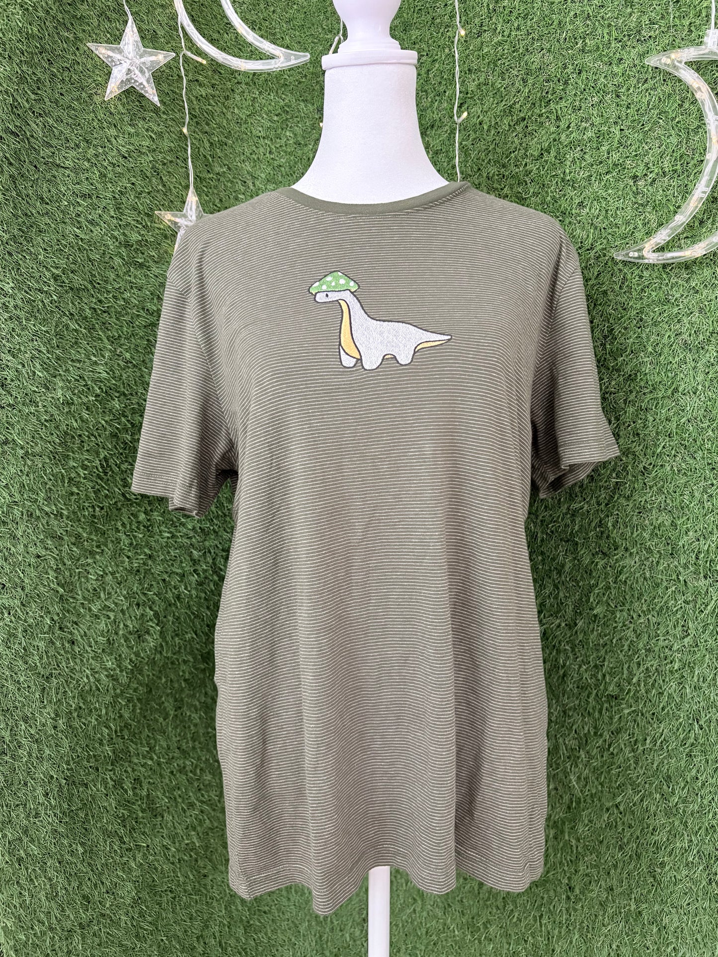 Mushroom Dino Green Striped T-Shirt M