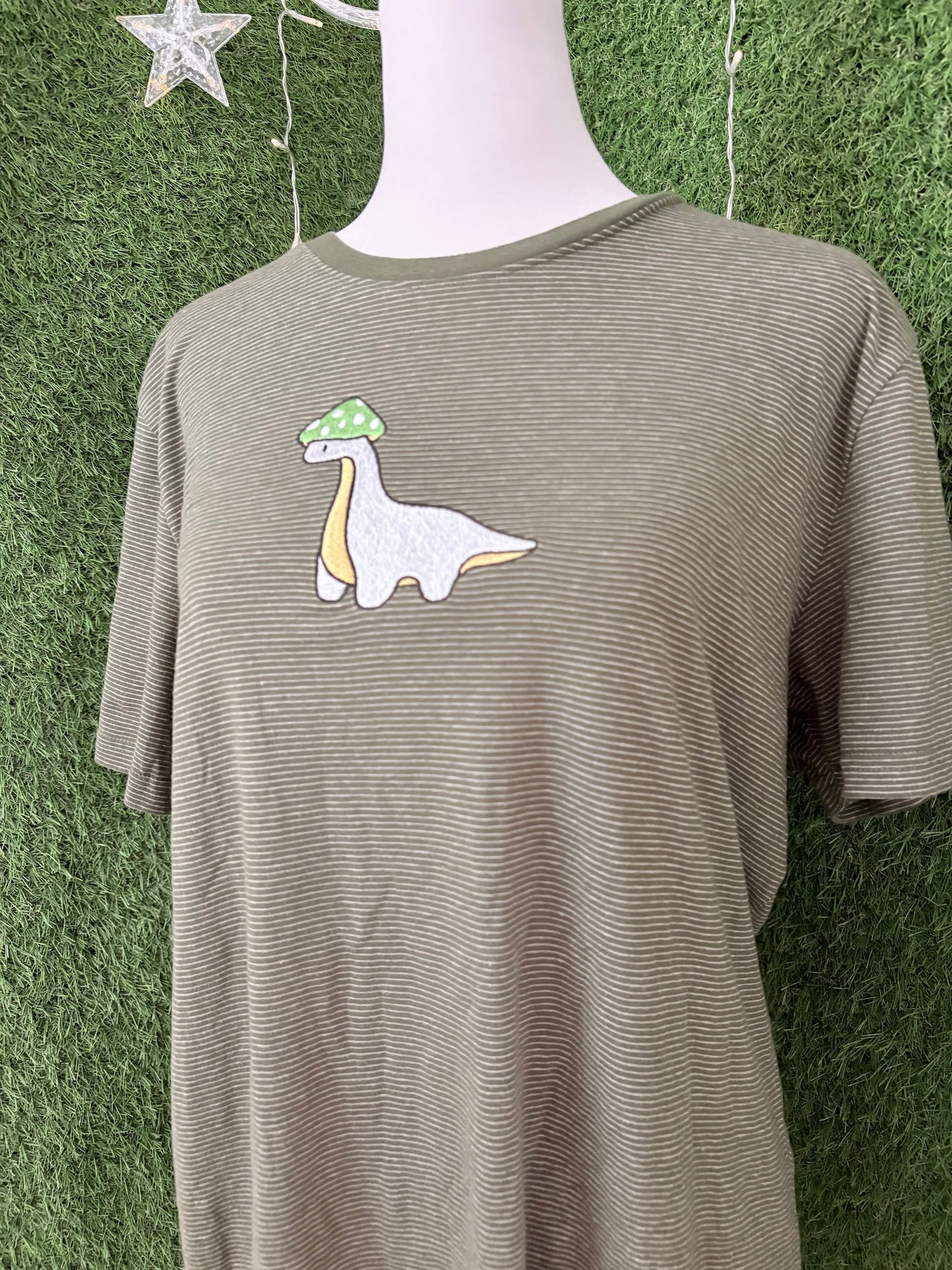 Mushroom Dino Green Striped T-Shirt M