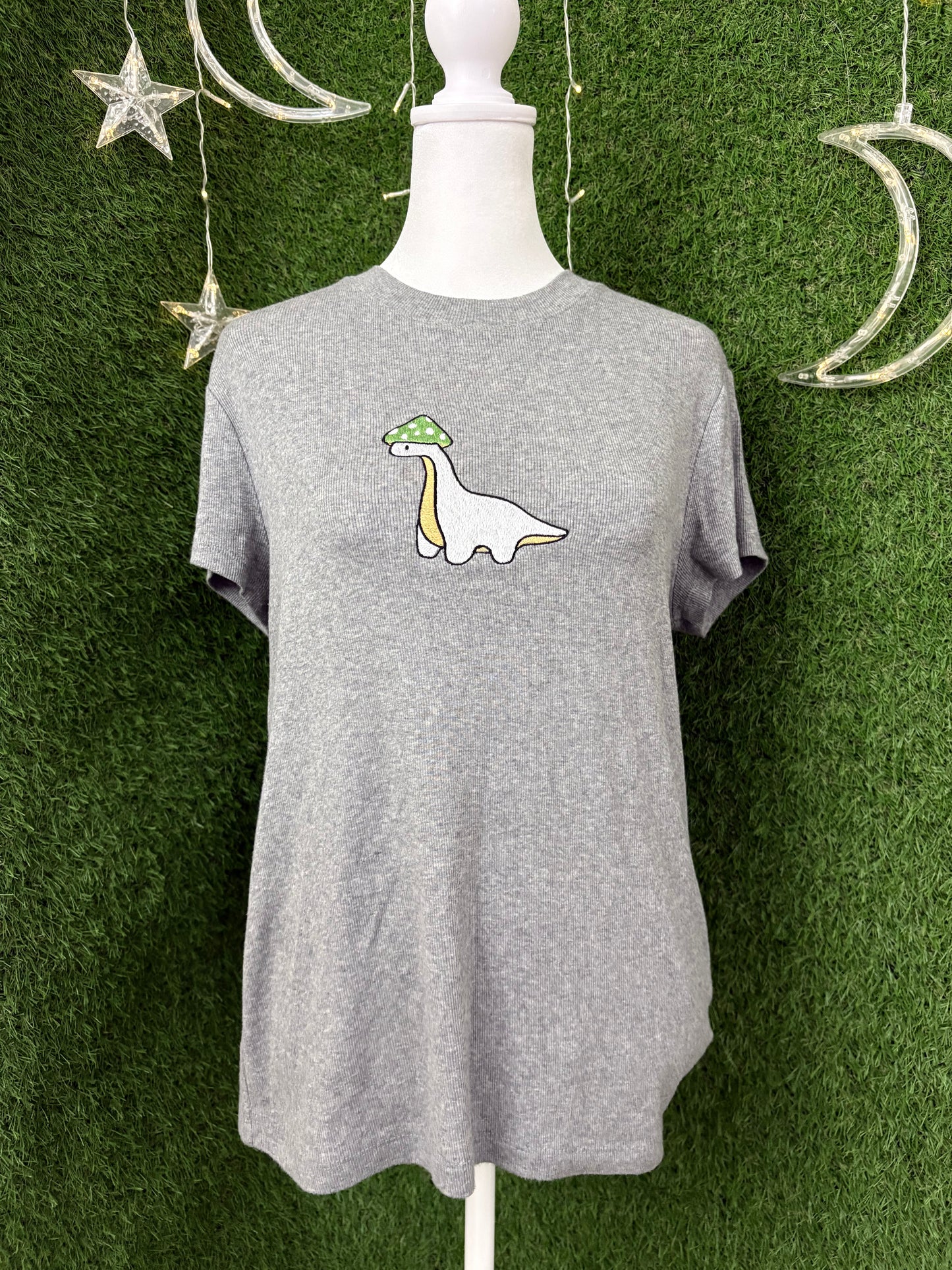 Mushroom Dino Grey Ribbed Tee L