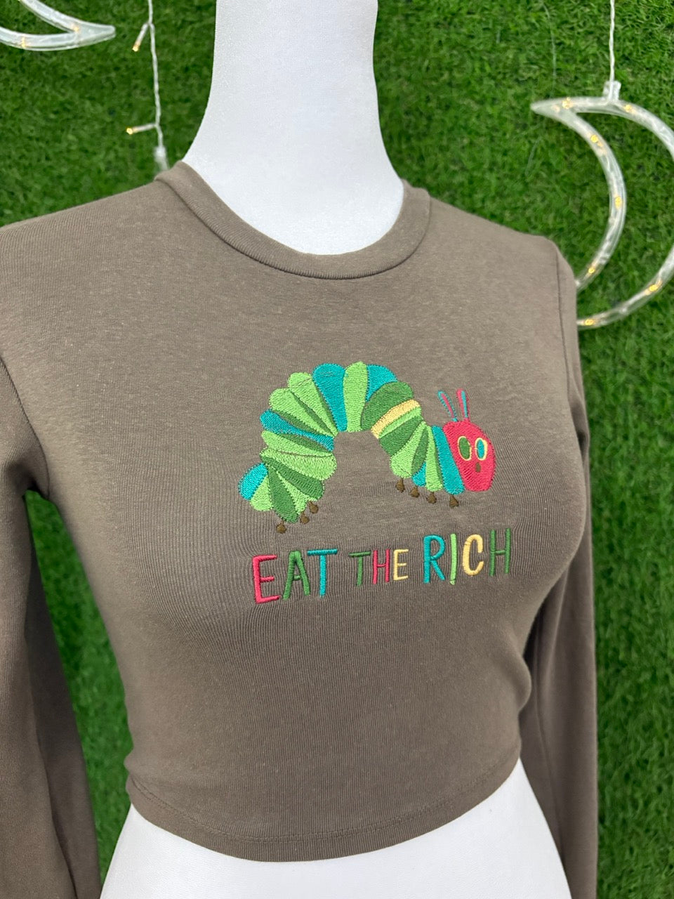 Eat the Rich Caterpillar Brown Cropped Long Sleeve M
