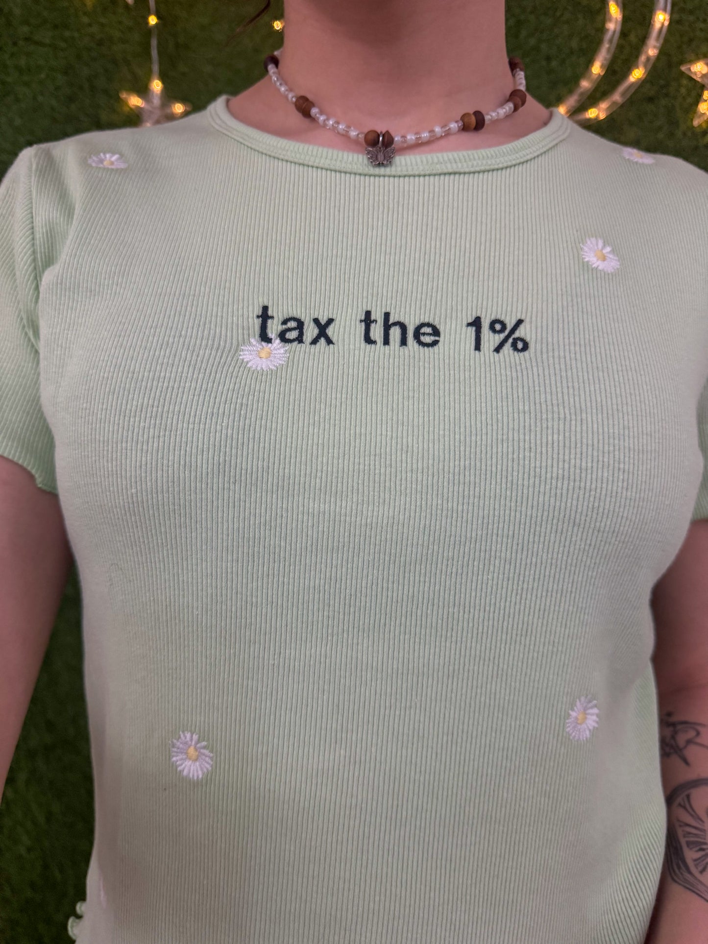 Tax the 1% Pastel Flower Scalloped Edge Tee S