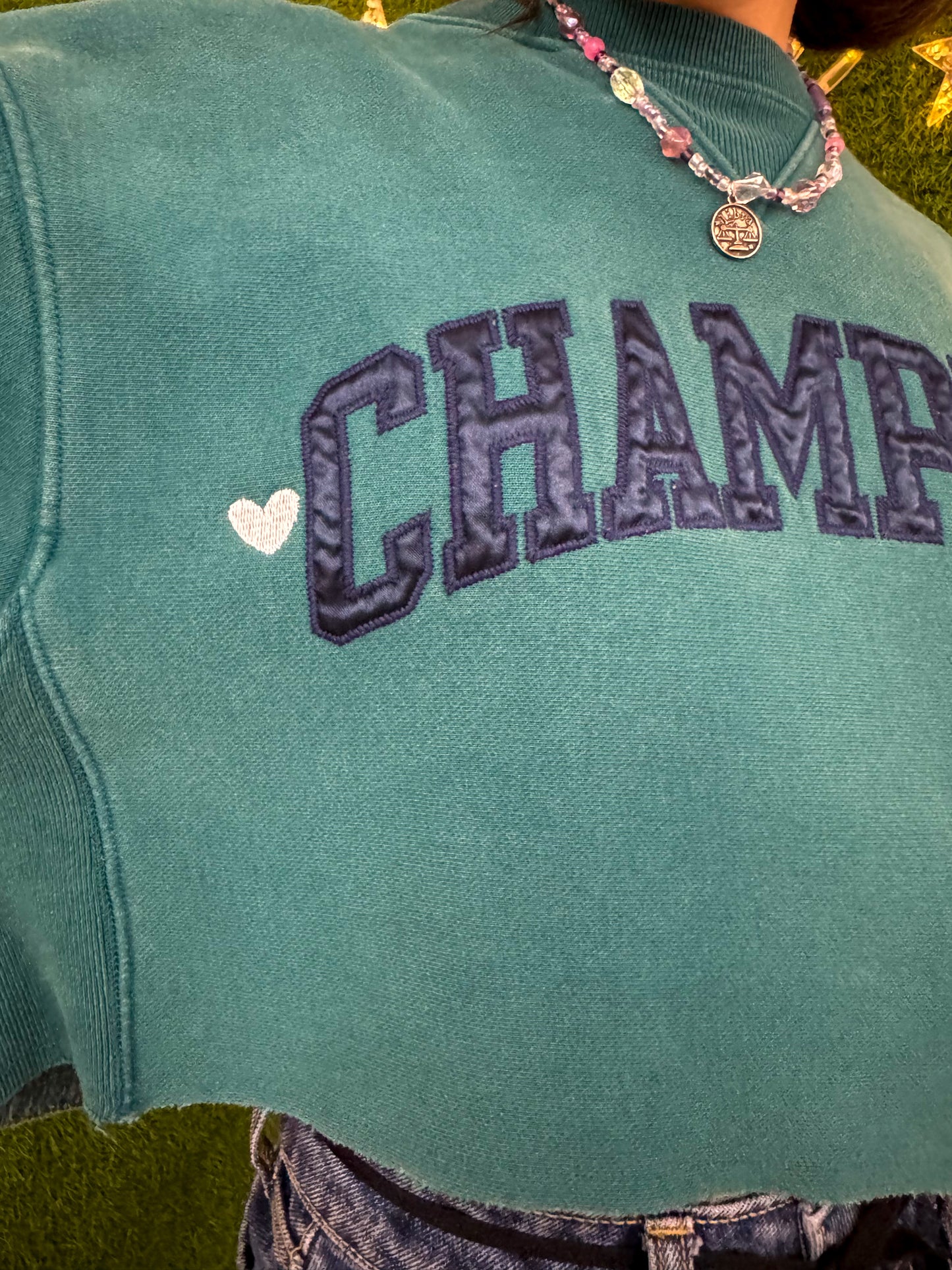 Champion with Little Hearts Teal Cropped Crewneck M