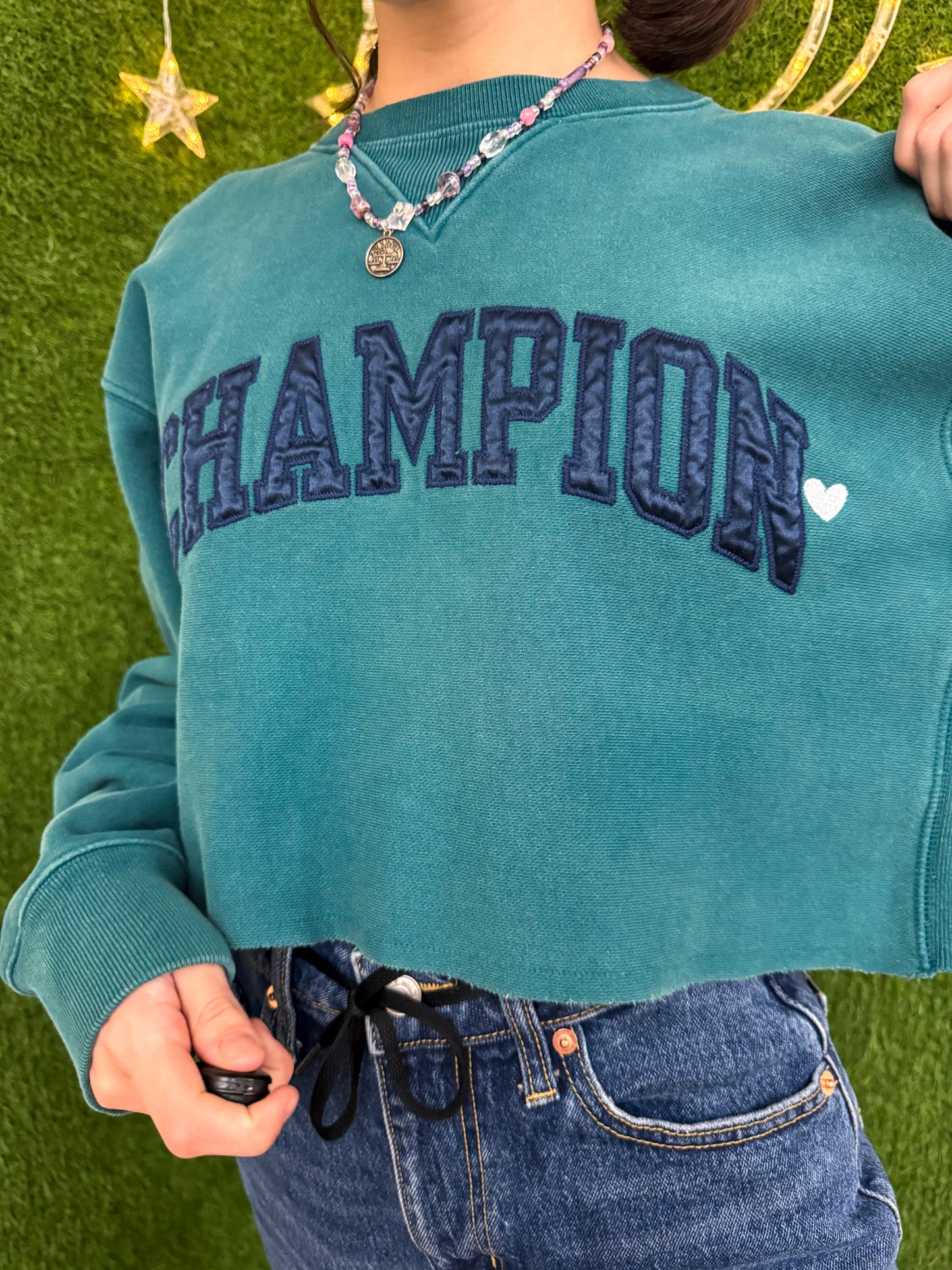 Champion with Little Hearts Teal Cropped Crewneck M