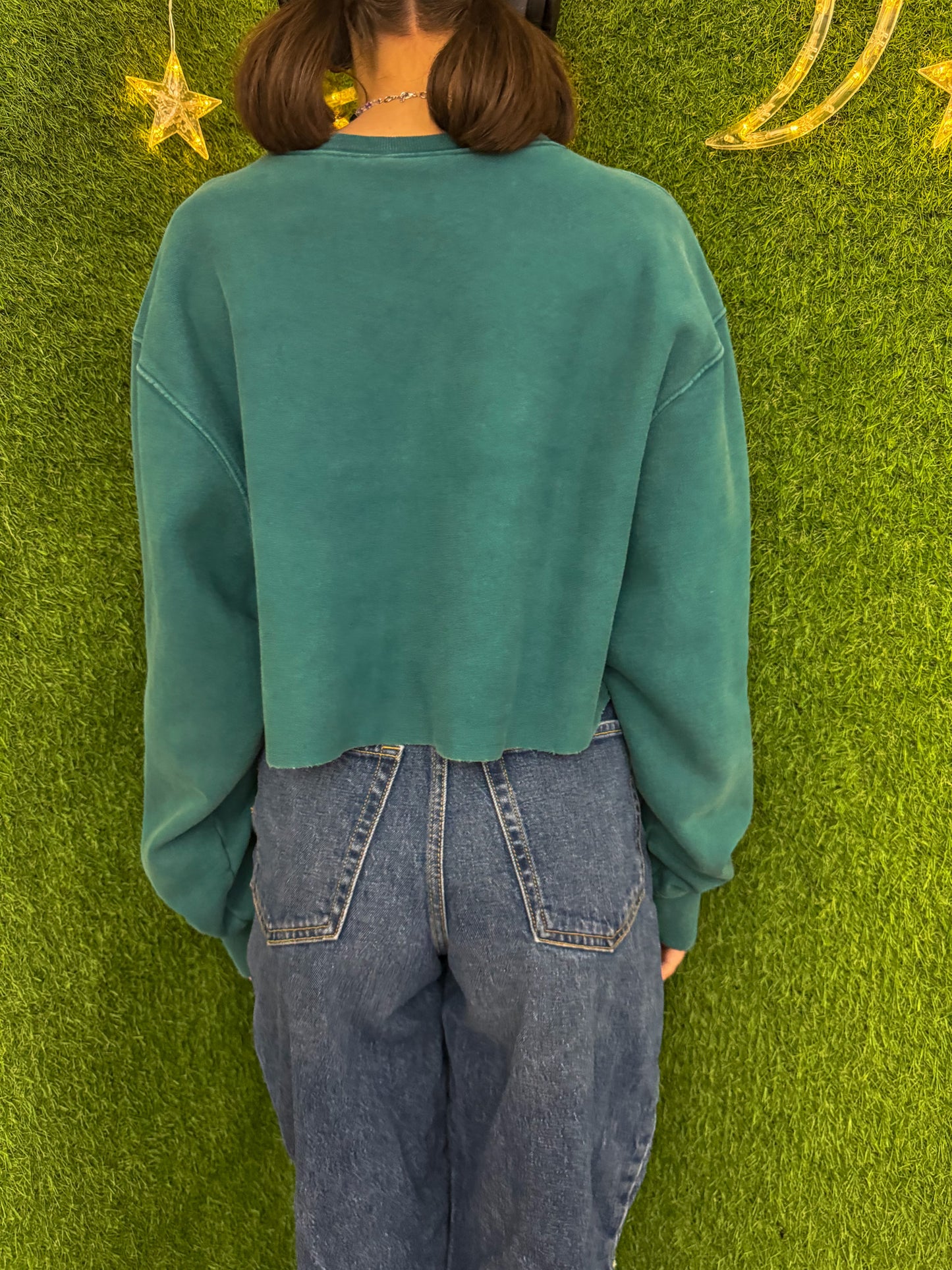Champion with Little Hearts Teal Cropped Crewneck M