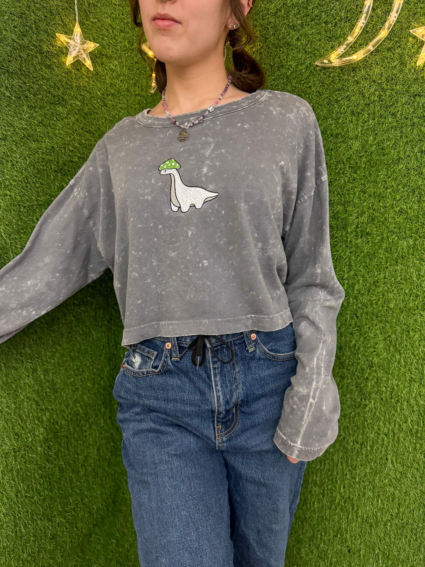 Mushroom Dino Grey Cropped Long Sleeve L