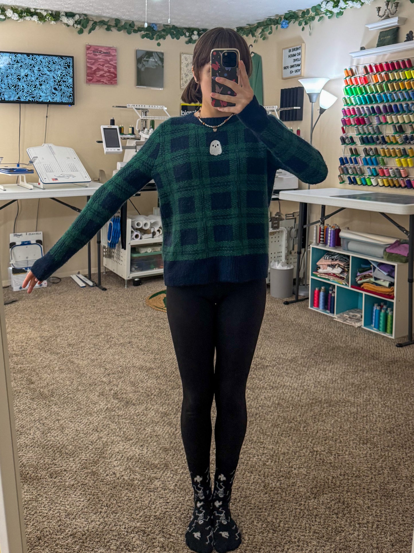 Cute Lil Ghost Plaid Sweater XS