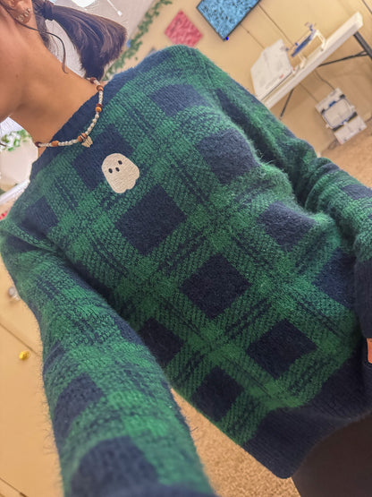 Cute Lil Ghost Plaid Sweater XS