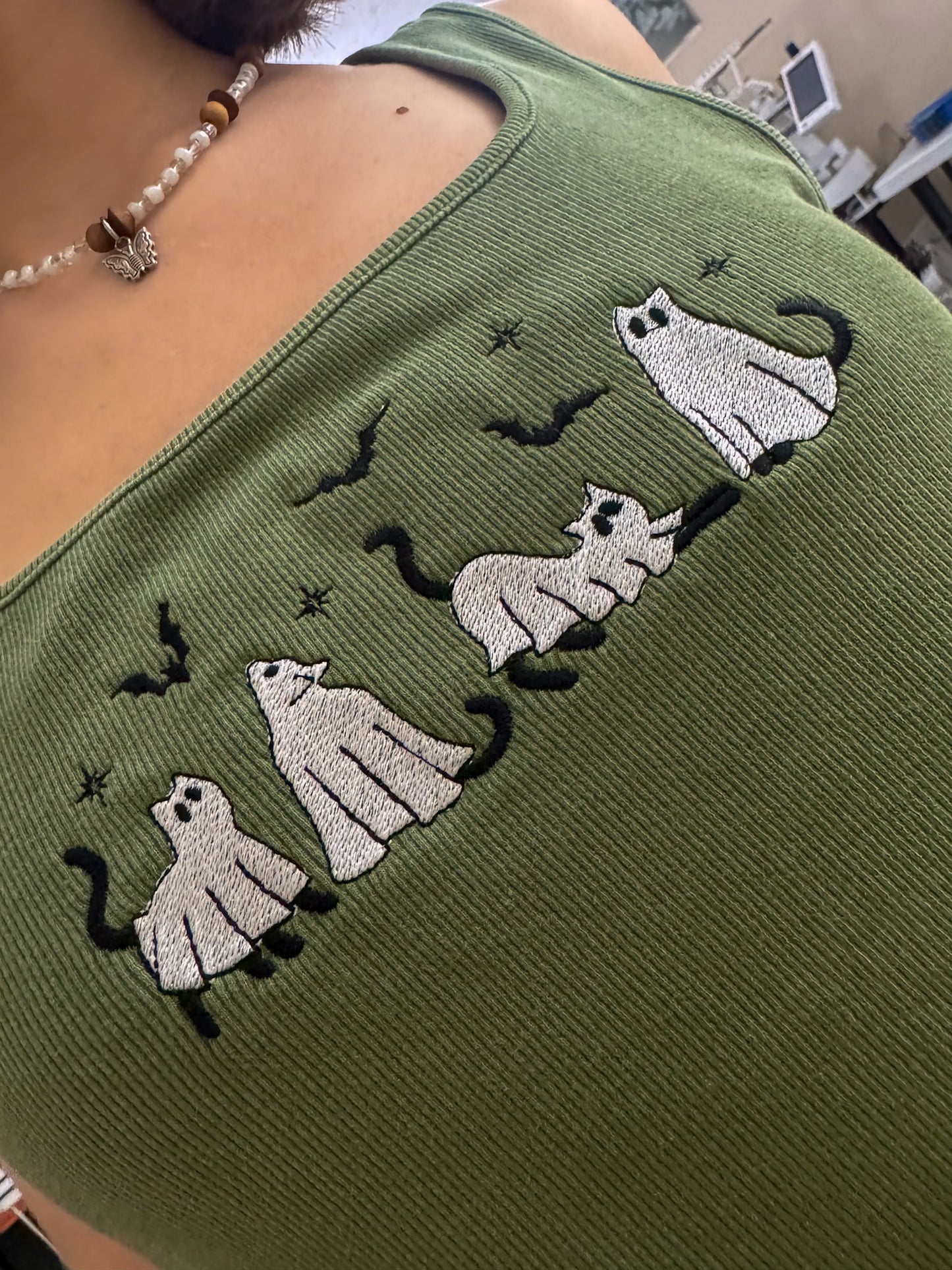 Ghost Kitties Green Cropped Tank L