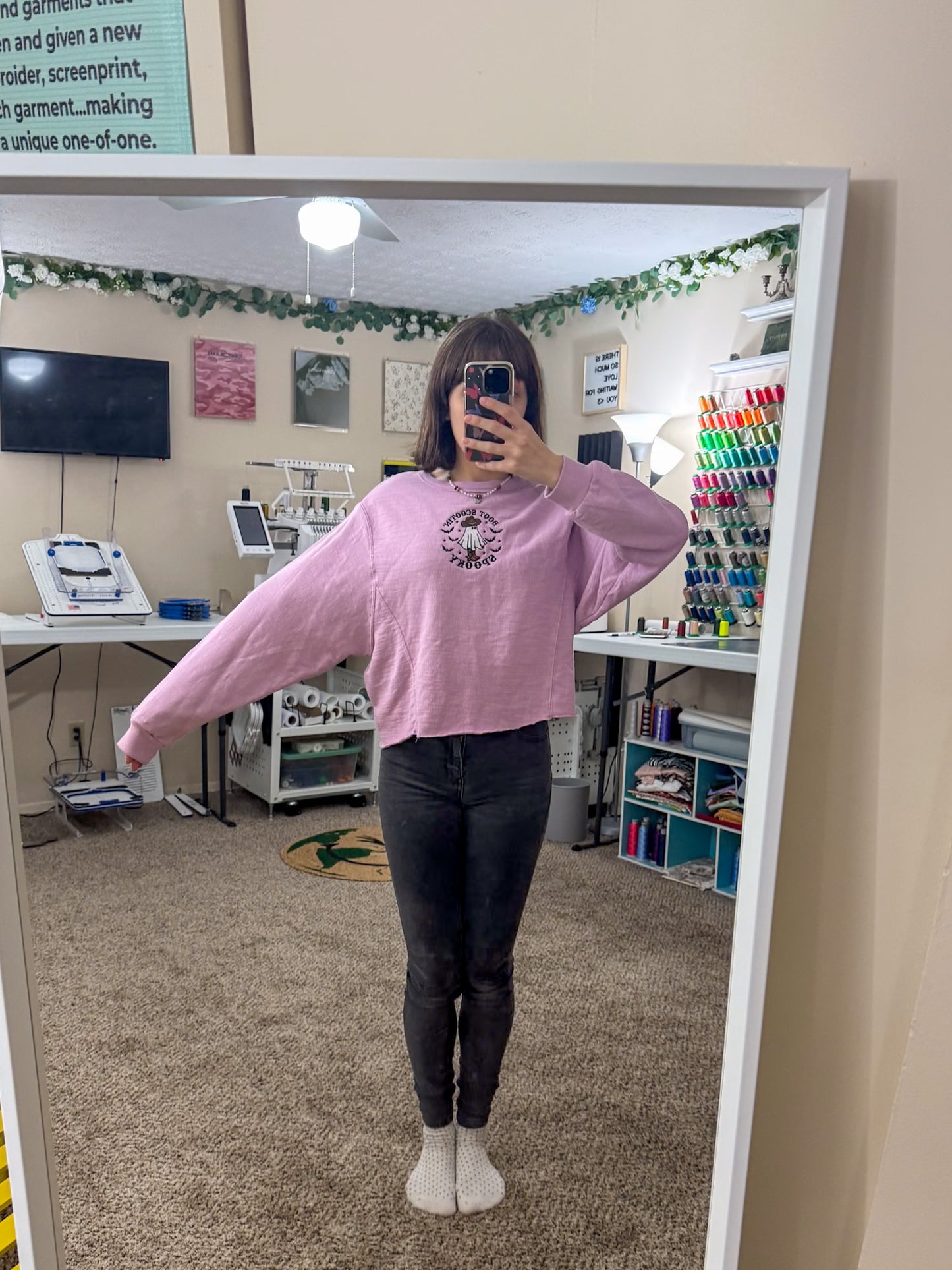 Boot Scootin' Spooky Magenta Crewneck XS