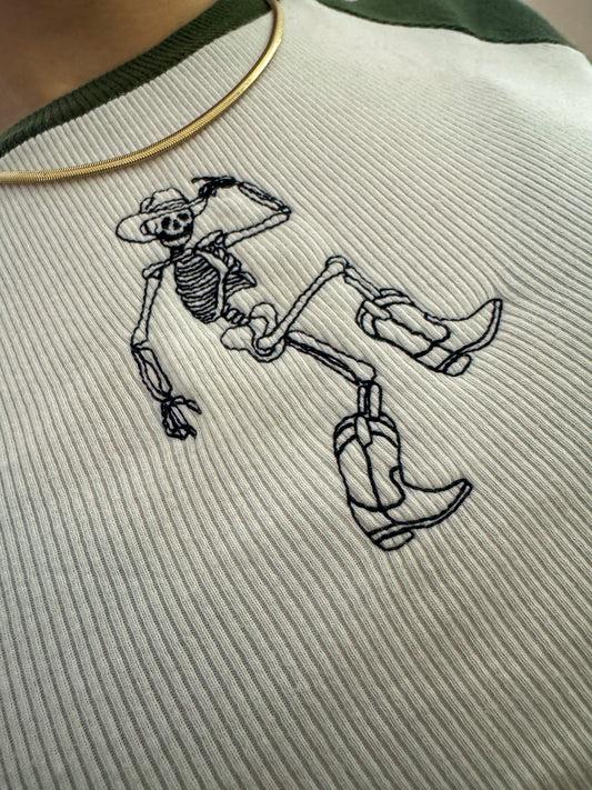 Cowboy Skeleton Green and White Baby Tee S