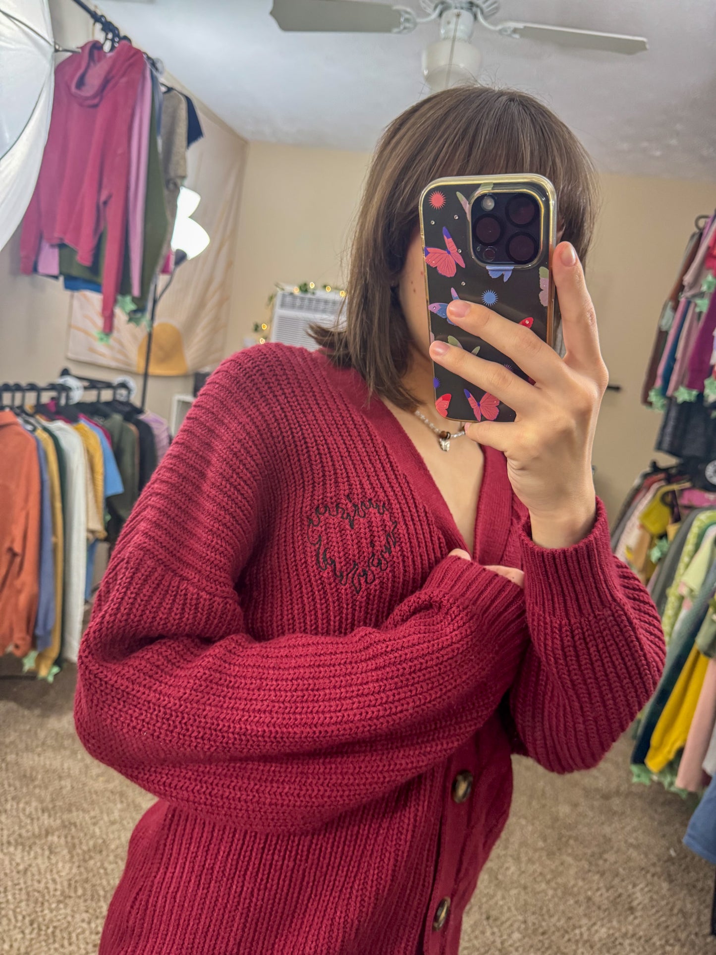 Flame Heart Red Cardigan Sweater L