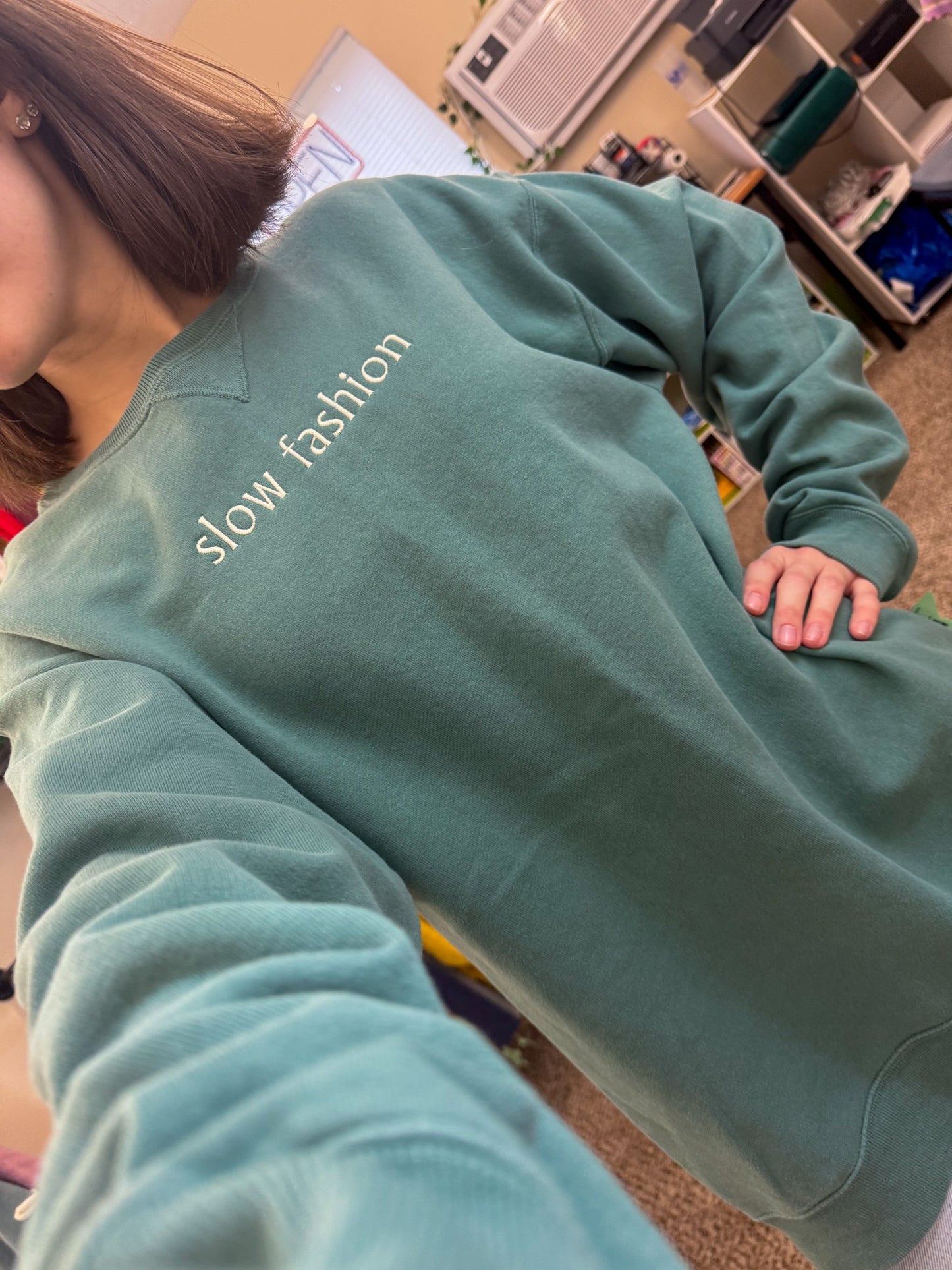 Slow Fashion Teal Crewneck Sweatshirt M