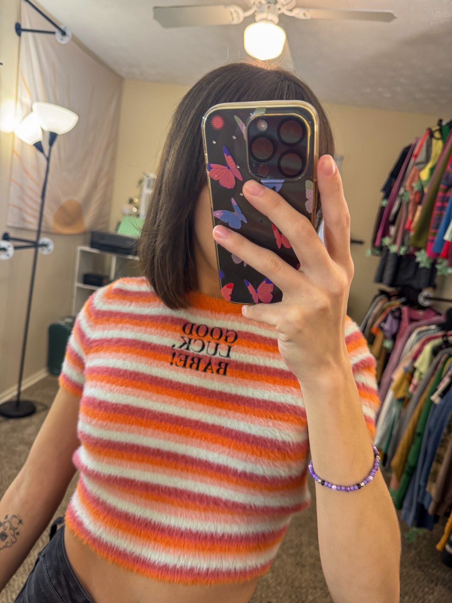 Good Luck Babe Fuzzy Striped Baby Tee XS