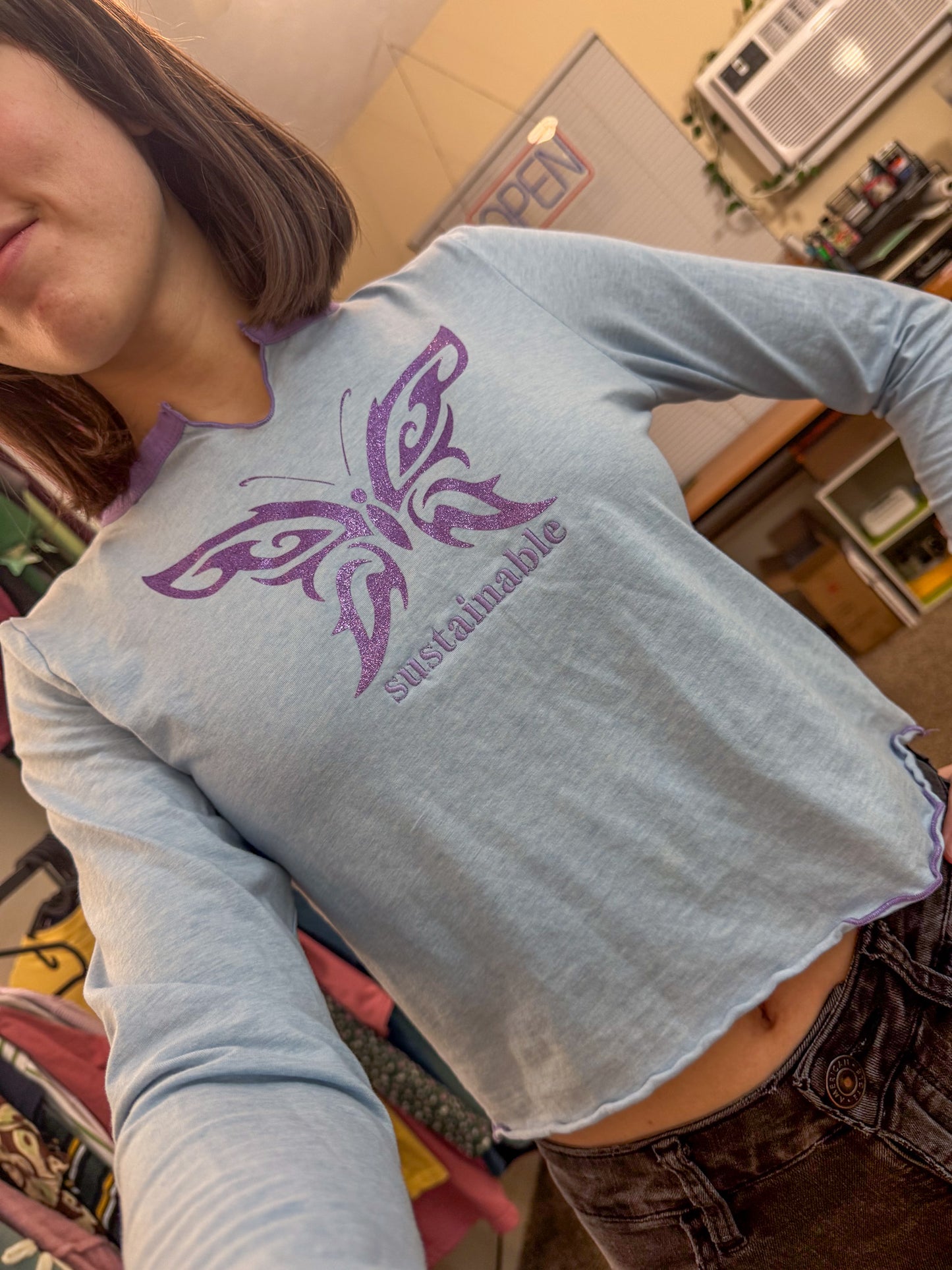 Sustainable Cropped Sparkle Butterfly Long Sleeve M