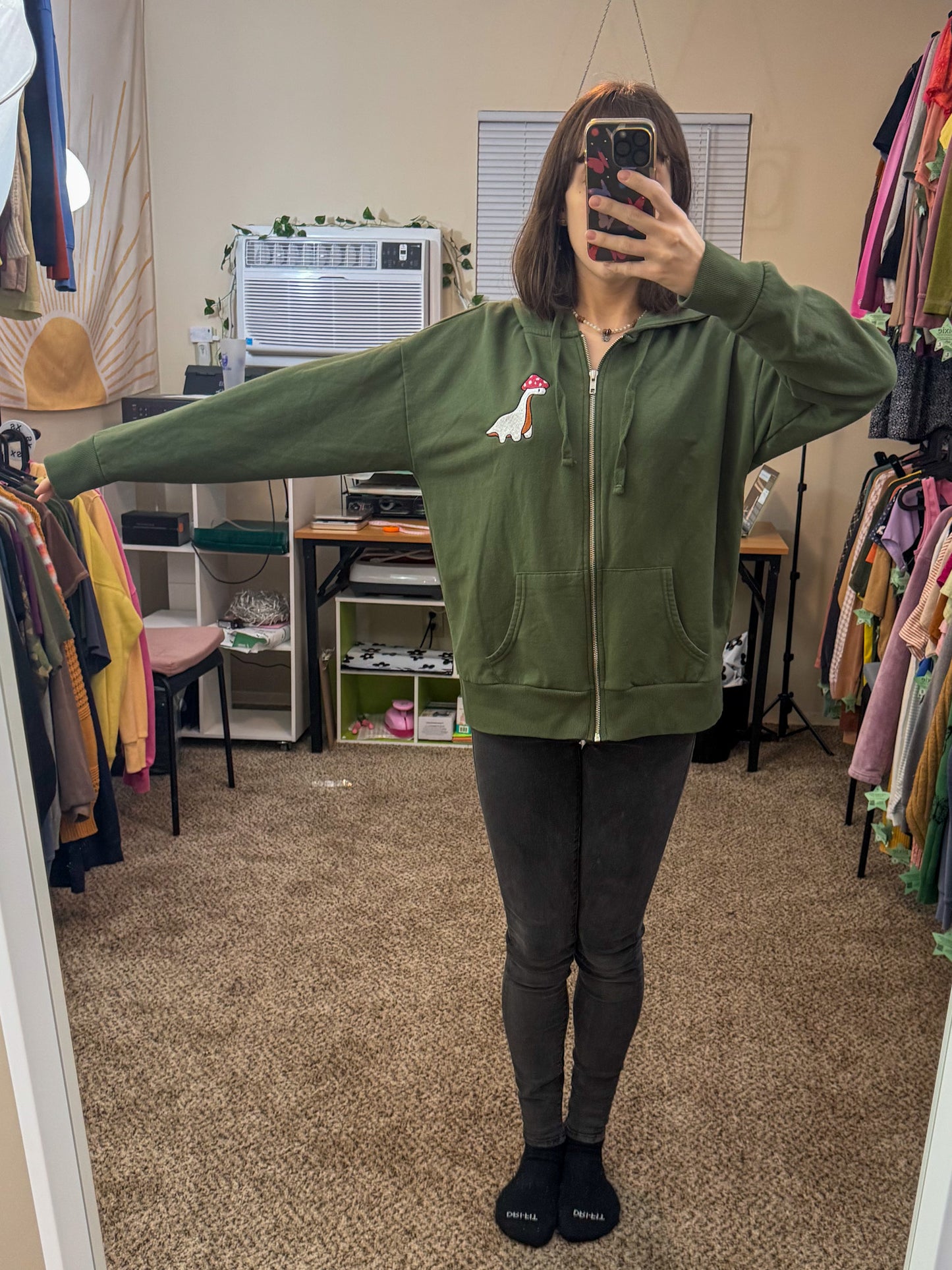 Mushroom Dino Green Zip-up Hoodie L