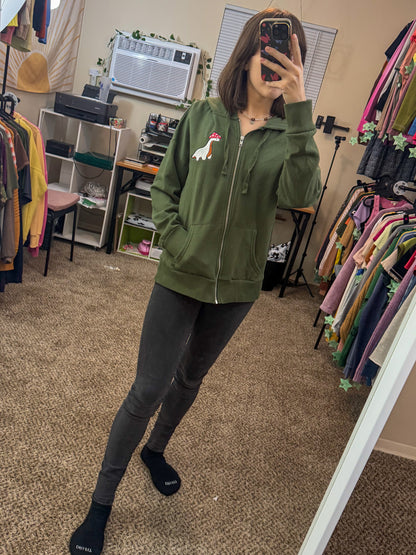 Mushroom Dino Green Zip-up Hoodie L