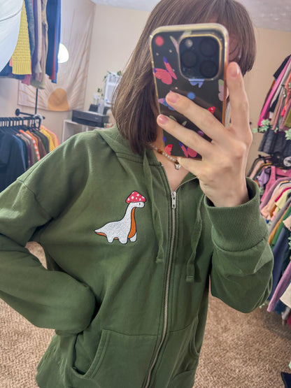 Mushroom Dino Green Zip-up Hoodie L