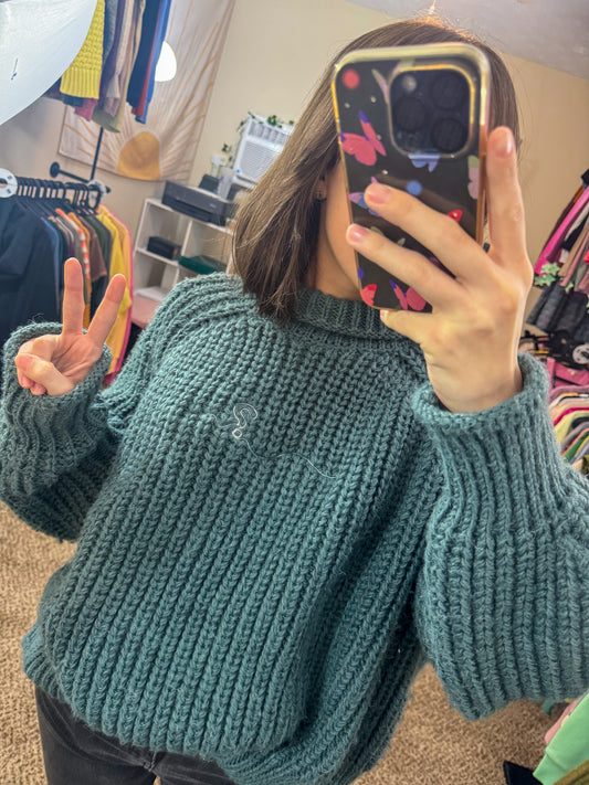 One Line Question Mark Teal Turtleneck Sweater 2XL