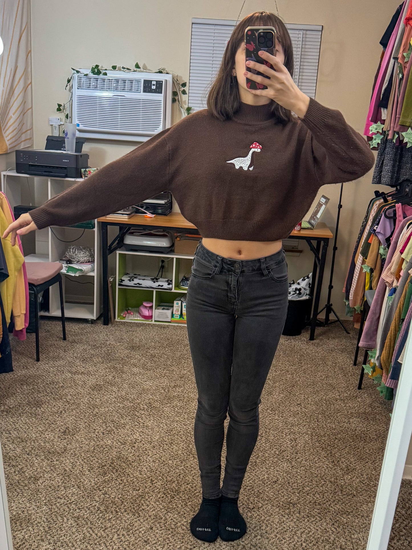 Mushroom Dino Cropped Brown Sweater XS