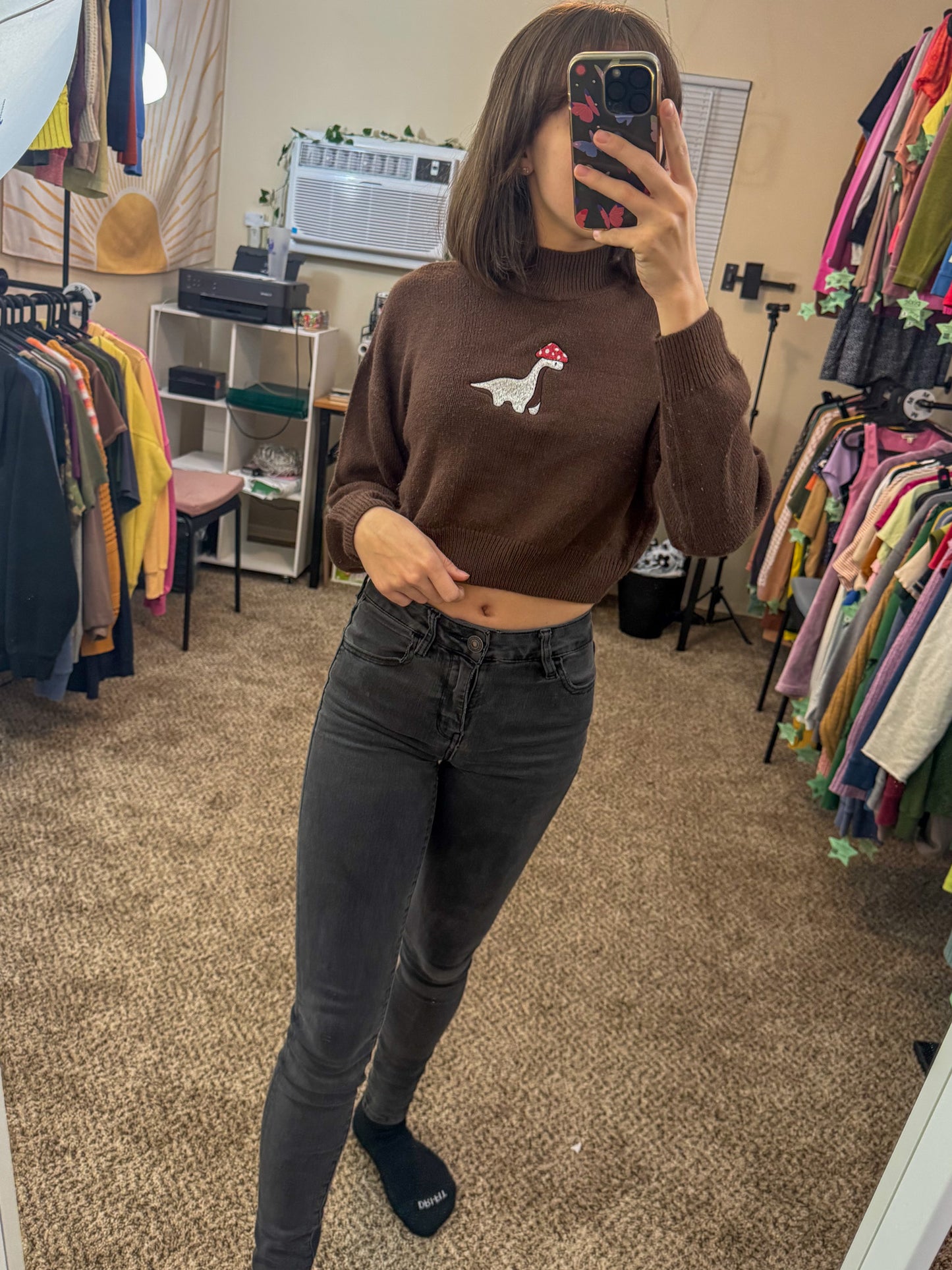 Mushroom Dino Cropped Brown Sweater XS