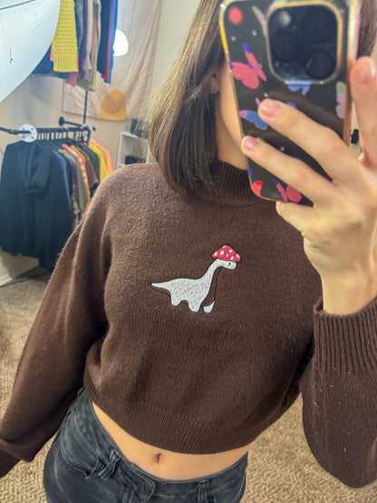 Mushroom Dino Cropped Brown Sweater XS