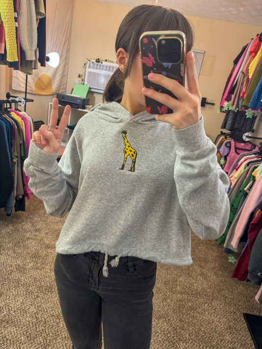 Cowboy Giraffe Grey Cropped Hoodie L