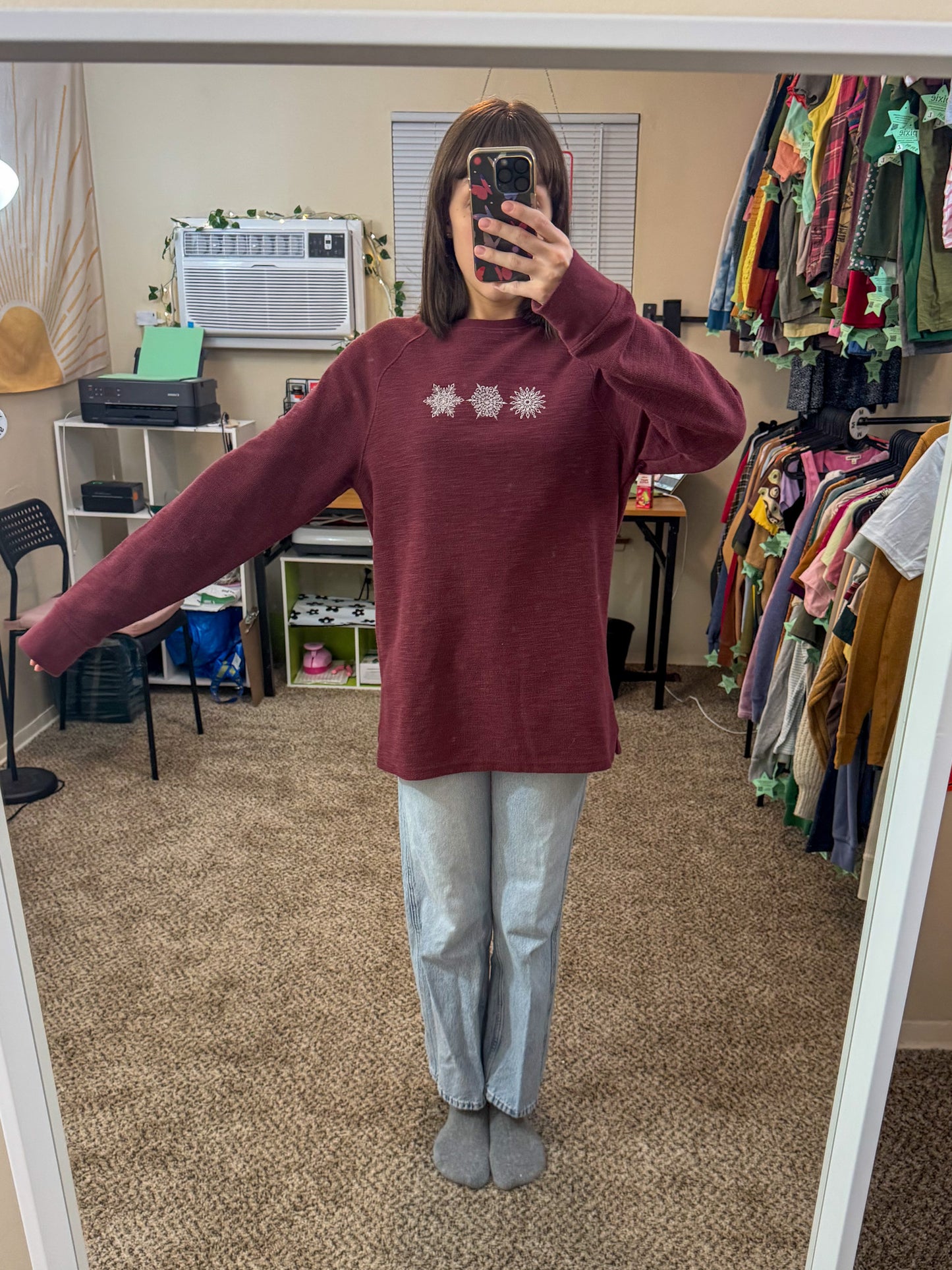 Snowflake Maroon Thermal Long Sleeve M