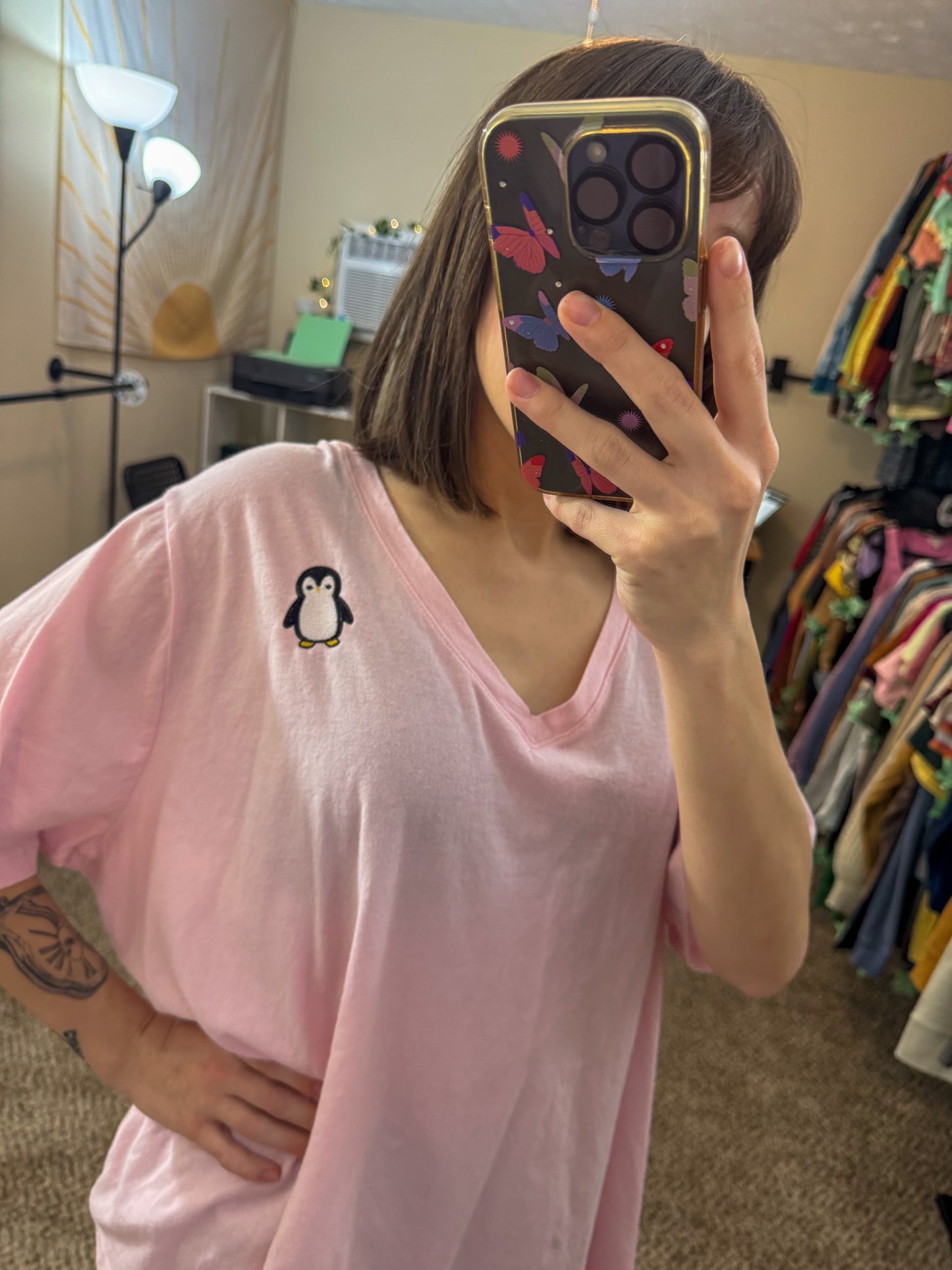 Penguin V-Neck Pink T-Shirt 2XL