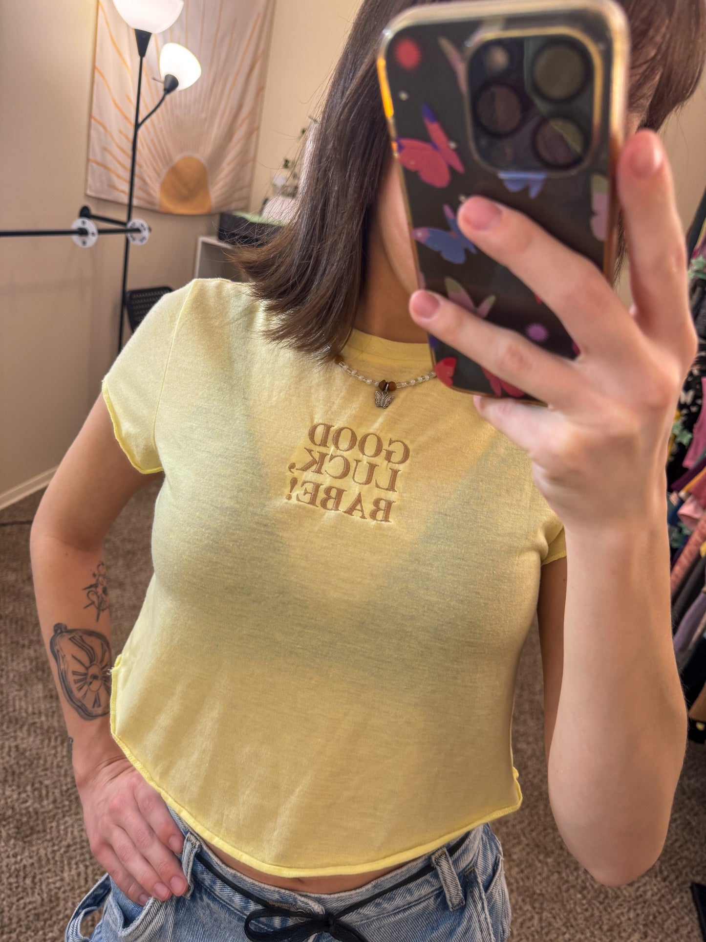 Good Luck Babe Yellow Cropped T-Shirt S