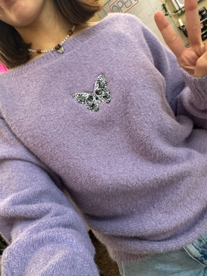 Skull Butterfly Lavender Sweater S