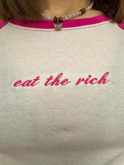 Eat the Rich Pink & White Baby Tee S