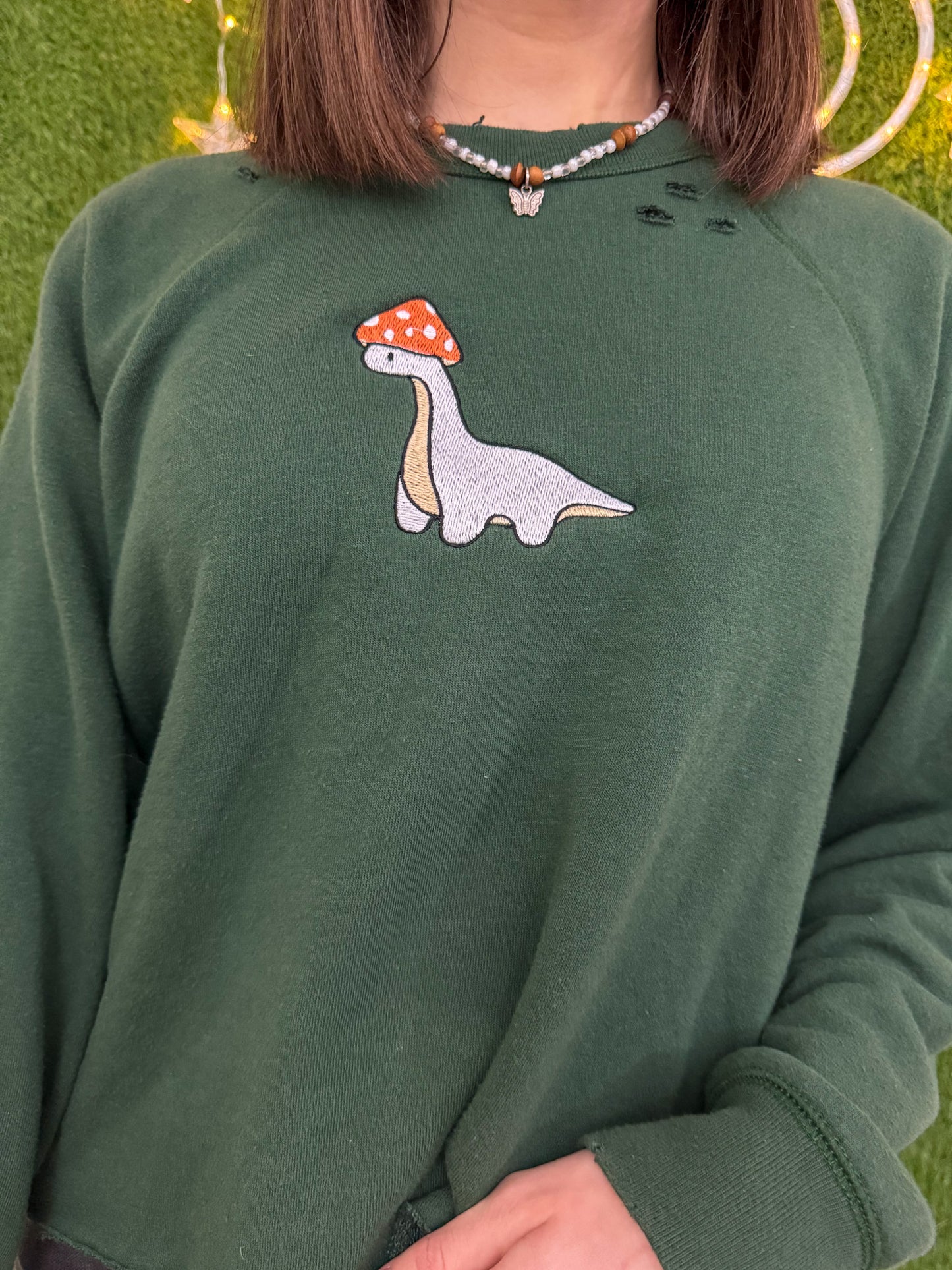 Mushroom Dino Distressed Cropped Crewneck S