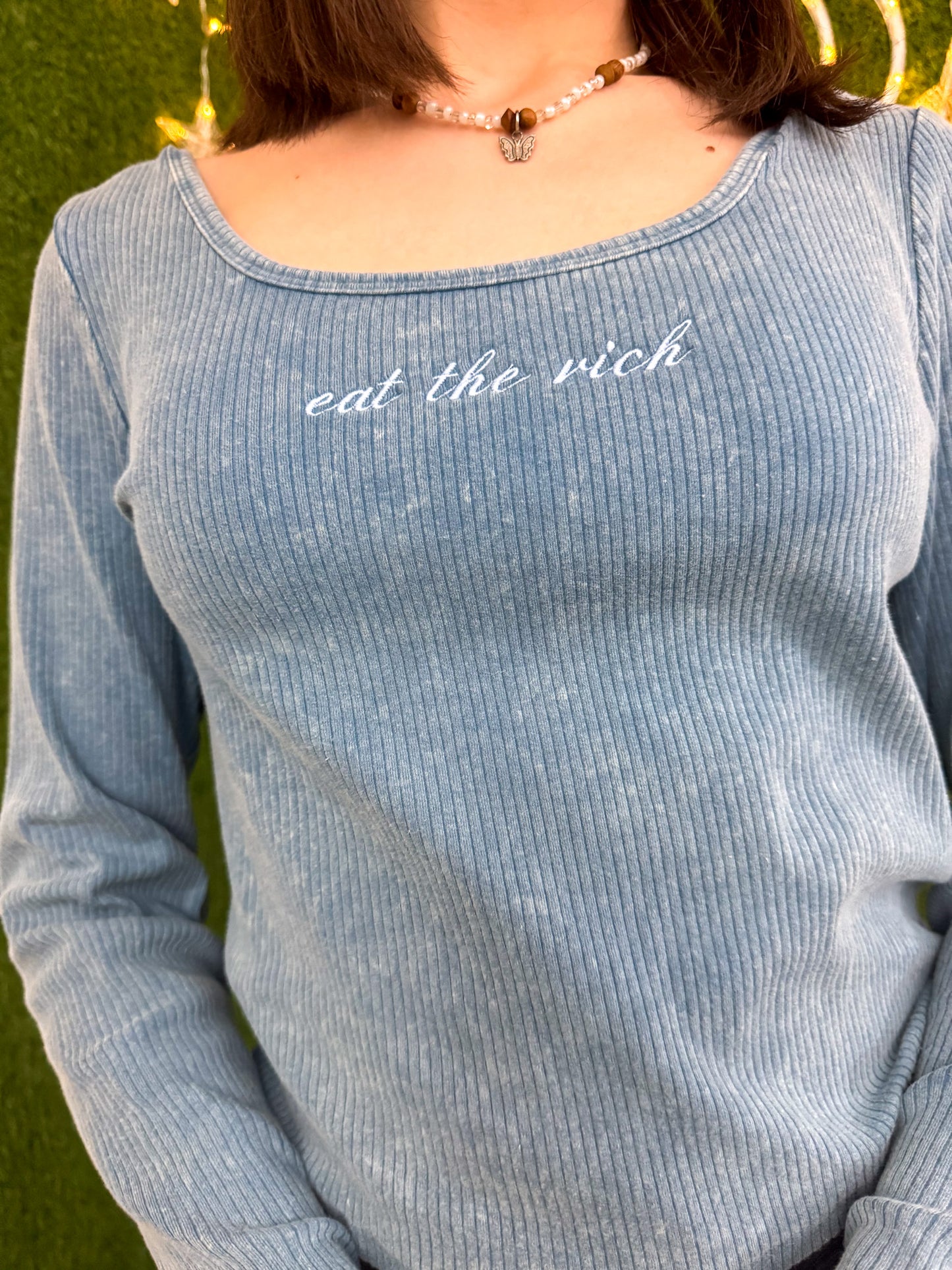 Eat The Rich Blue Cropped Long Sleeve L