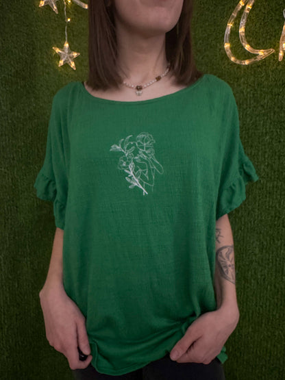 One Line Woman Green Ruffled Sleeve Tee 3XL