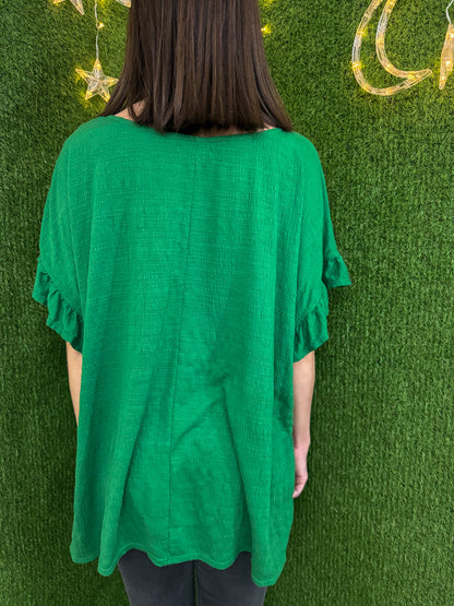 One Line Woman Green Ruffled Sleeve Tee 3XL