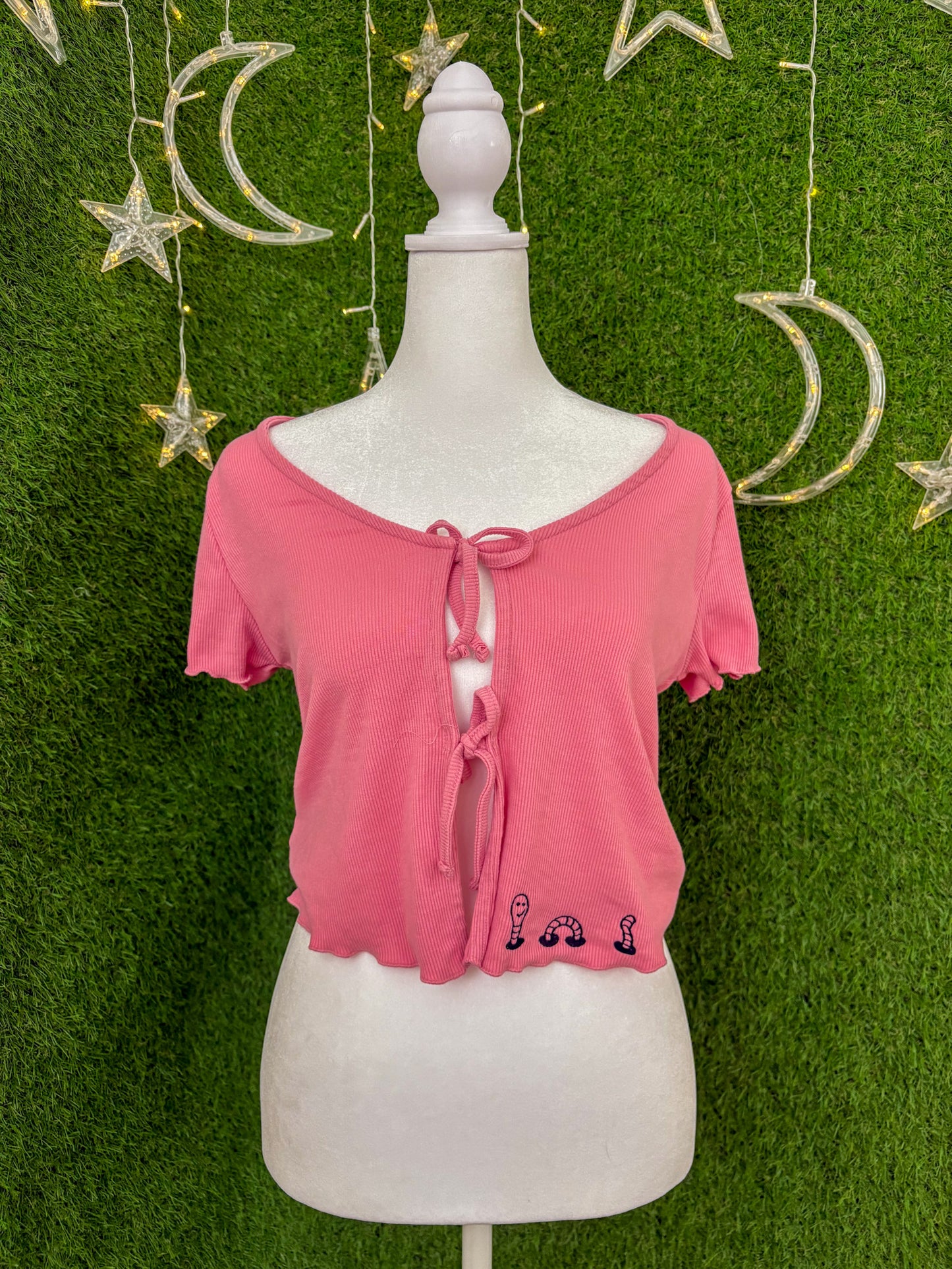 Wormy Pink Tied-Front Top S