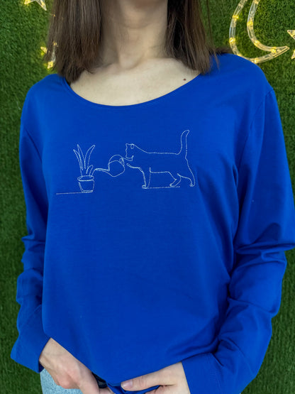 Plant Cat Blue Long Sleeve 3XL