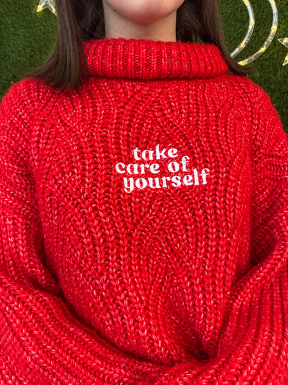 Take Care of Yourself Red Turtleneck Sweater XL