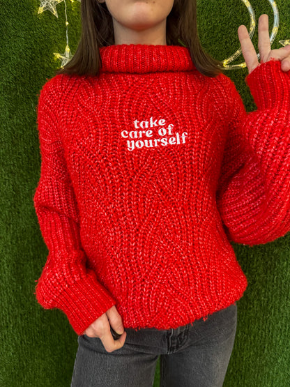 Take Care of Yourself Red Turtleneck Sweater XL