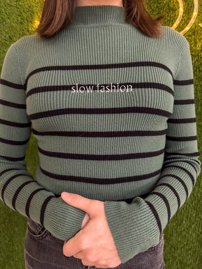 Slow Fashion Green Striped Cropped Turtleneck S