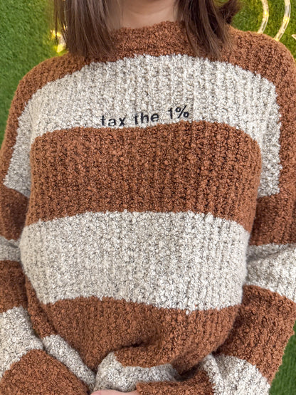 Tax the 1% Tan and Brown Striped Sweater M