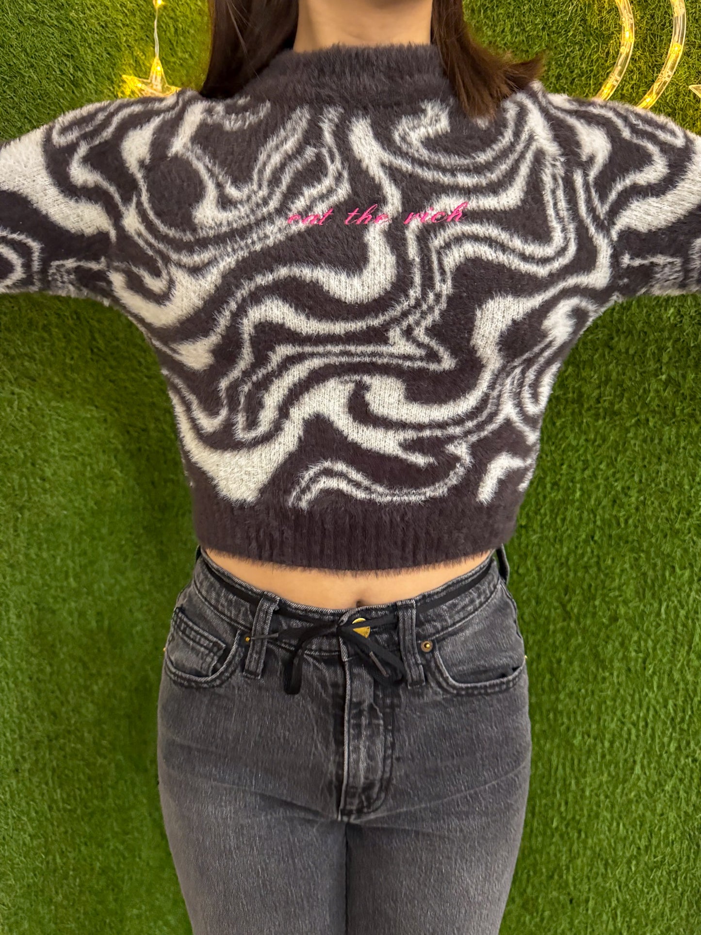 Eat the Rich Black and White Funky Cropped Sweater XS