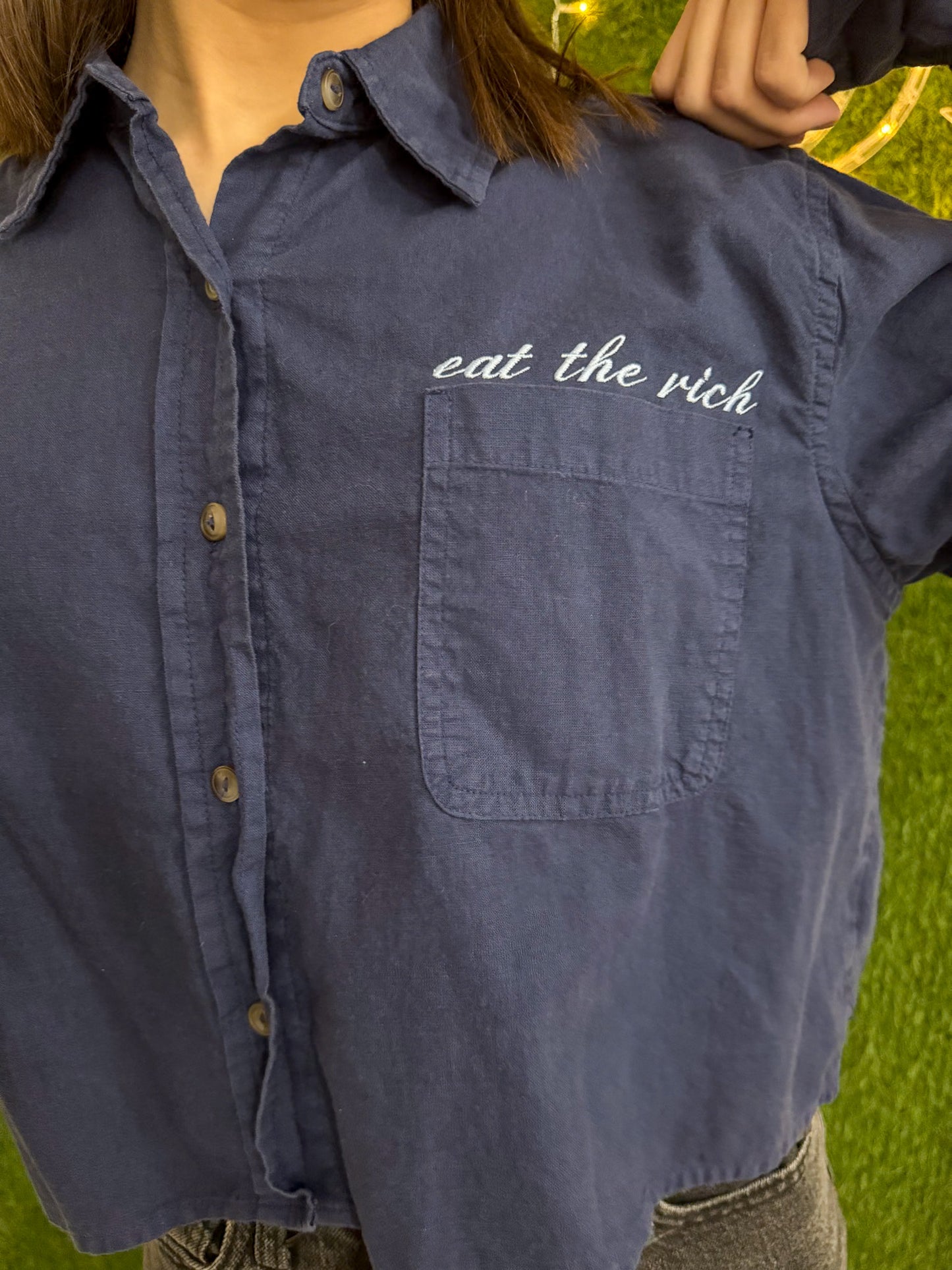 Eat the Rich Navy Cropped Button Up Long Sleeve M