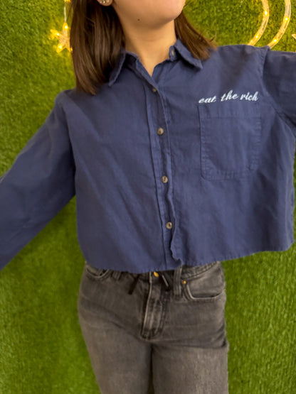 Eat the Rich Navy Cropped Button Up Long Sleeve M