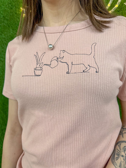 Plant Cat Pink Ribbed T-Shirt L