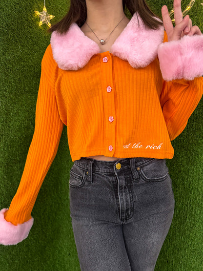 Eat The Rich Orange Cropped Long Sleeve with Pink Fuzzy Accents 2XL