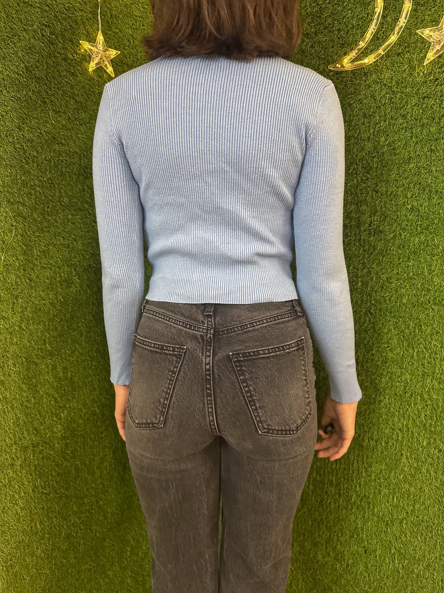 Blue Mushrooms Stretchy Ribbed Cropped Long Sleeve L